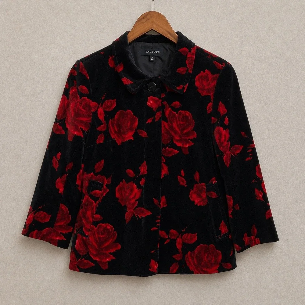 Talbots Red Rose Floral Velvet Jacket Size 2 Black Cotton Blazer Holiday Winter